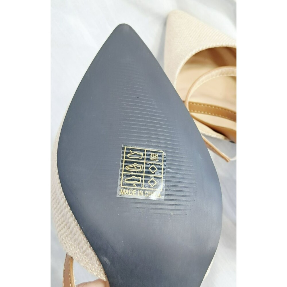 Women’s Point Toe Slingback Chunky Heels – Brown & Beige Linen  41 US 10 - Picture 8 of 10